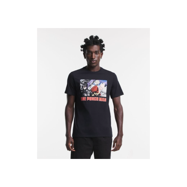 Camiseta Regular em Meia Malha com Estampa One Punch Man Preto