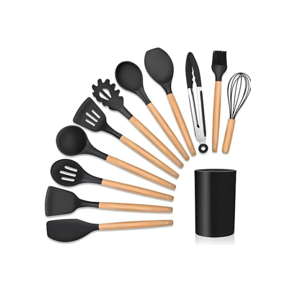 Kit 12 Utensílios de Cozinha em Silicone com Cabos de Madeira, Antiaderente, Resistente ao Calor e Completo (Preto)