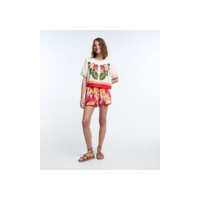 Short Runner em Viscose com Linho e Estampa Araras Vermelho