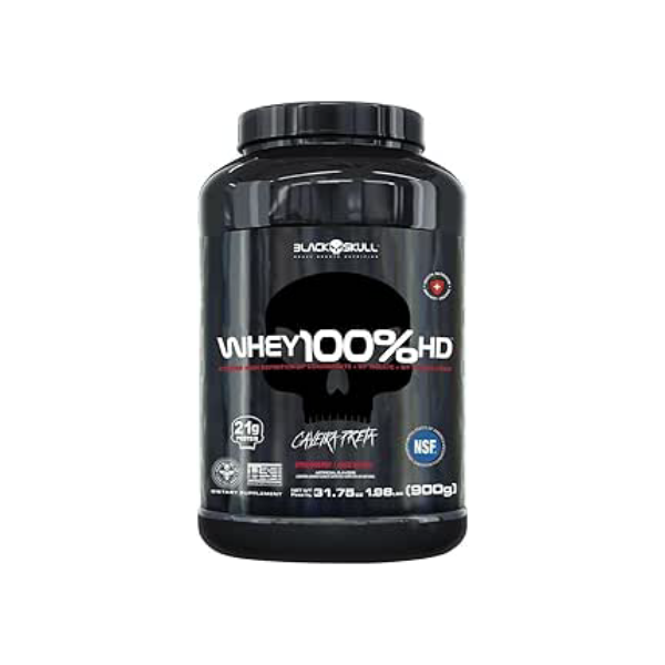 Whey 100% Hd Morango 900G, Black Skull