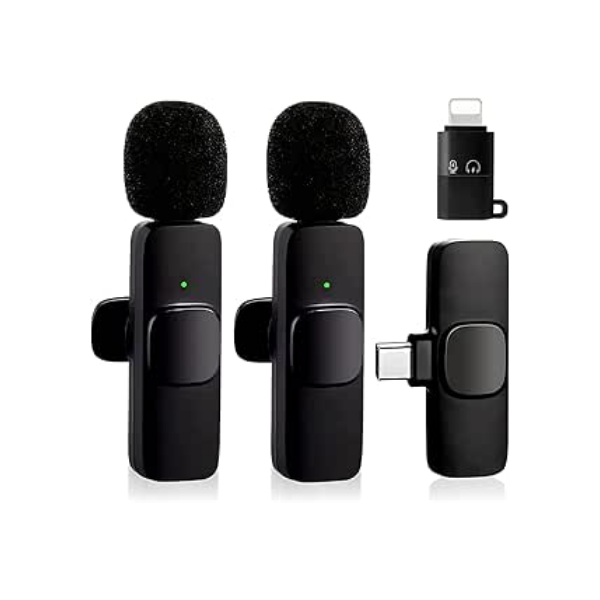 Microfone de Lapela Sem Fio Bluetooth Kit 2 Microfonones Abafamento de Ruído Até 10 Horas Tempo de Trabalho Compatível com Camera, iPhone, Android, PC - Conexão Android e USB-C - Linha AGold Premium