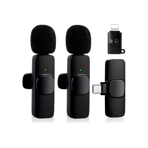 Microfone de Lapela Sem Fio Bluetooth Kit 2 Microfonones Abafamento de Ruído Até 10 Horas Tempo de Trabalho Compatível com Camera, iPhone, Android, PC - Conexão Android e USB-C - Linha AGold Premium