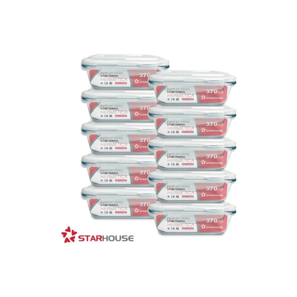 Kit 10 Marmitas Vidro Hermético Vidro Tampa Trava 370ml Star House