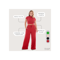 Conjunto Feminino Calça Pantalona Canelada Com Bolso e Cordão Cintura & Blusa Gola Alta