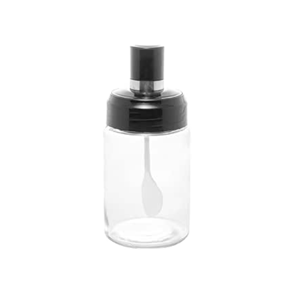Açucareiro de Vidro com Colher e Tampa de Plástico Preta 7cm x 7cm 14cm - Wolff