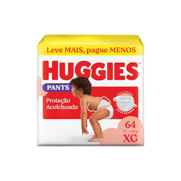 Fralda Pants Huggies Proteção Acolchoada Tamanho XG 64 unidades – Nova Fralda Supreme Care estilo roupinha, que veste como shortinho e com cintura acolchoada super macia que previne marquinhas, fácil de colocar e tirar (embalagem pode variar)
