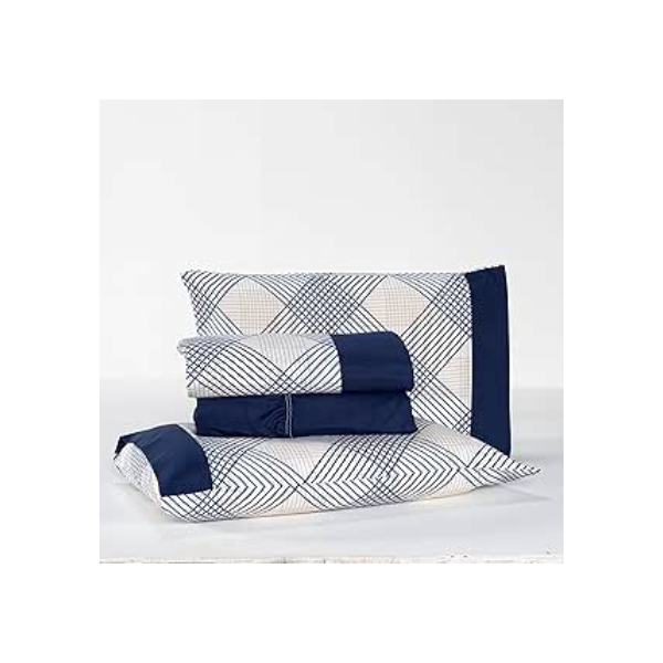 Jogo de Lençol Queen 4 Peças Estampado 200 Fios Casa Dona (Azul e Xadrez)