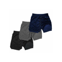 Kit 3 Shorts Treino Dry Térmico 2 em 1 com Bolso para Cel. e Porta-Toalha Calção Fitness Academia - Azul+Cinza