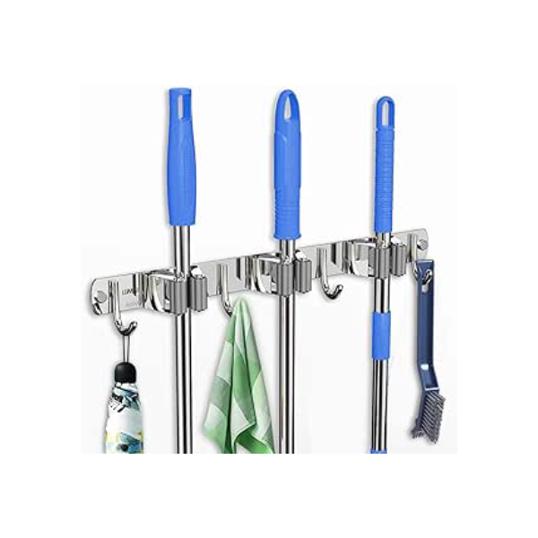 LUMAI Suporte de Pendurar Vassoura Aço Inoxidável 304 Premium, Organizador de Vassouras,Instalação com Parafusos de Inox ou Adesivo 3M, Pendurador de Vassoura Prata