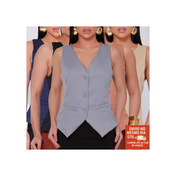 Colete Feminino Forrado Alfaiataria Gola V 3 Botões Chic e Moderno