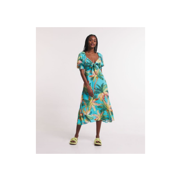 Vestido Midi em Viscose com Amarração no Busto e Estampa Tropical Azul