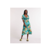 Vestido Midi em Viscose com Amarração no Busto e Estampa Tropical Azul