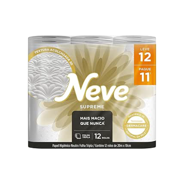 Neve Papel Higiênico Supreme Folha Tripla, 20m, Leve 12 Pague 11 Rolos