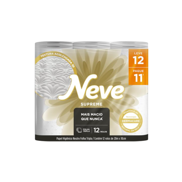 Neve Papel Higiênico Supreme Folha Tripla, 20m, Leve 12 Pague 11 Rolos