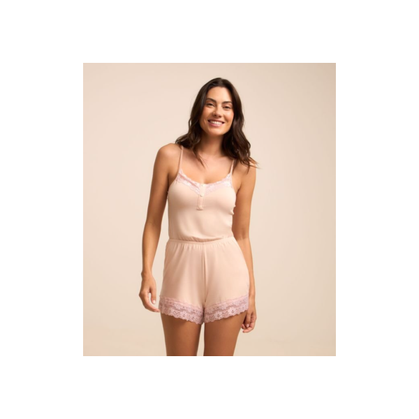 Pijama Macacão com Detalhes de Renda Rosa