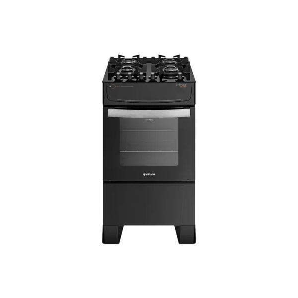 Fogão 4 Bocas Atlas Atenas Glass Mesa de Vidro e Gás engarrafado com Forno de 50 Litros Preto