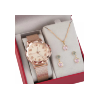 Relógio Feminino+ Colar Pingente Brincos Folheado A Ouro 18k