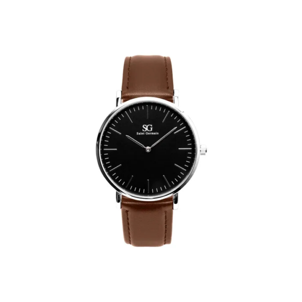 Relógio Masculino de Couro Prateado Saint Germain Bronx Black Silver 40mm Fundo Preto