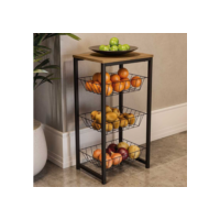 Fruteira De Chão Para Cozinha Preto Fosco Em Aço Carbono Tampo MDF Amadeirado