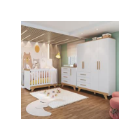 Quarto de Bebê Completo com Guarda Roupa Cômoda e Berço 100% Mdf Jolie Retrô Espresso Móveis Branco Brilho/Amêndoa