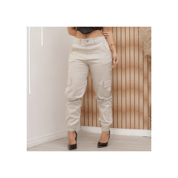 Calça Cargo Femenina Jogger Com Bolso Lateral Bege Com Lycra Stillger Jeans