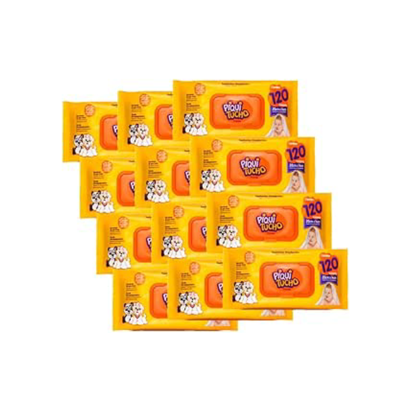 Kit com 12 Pacotes de Lenços Umedecidos Piquitucho 120 Unidades Cada – Total 1.440 Lenços – Hipoalergênicos, Sem Álcool, Com Aloe Vera
