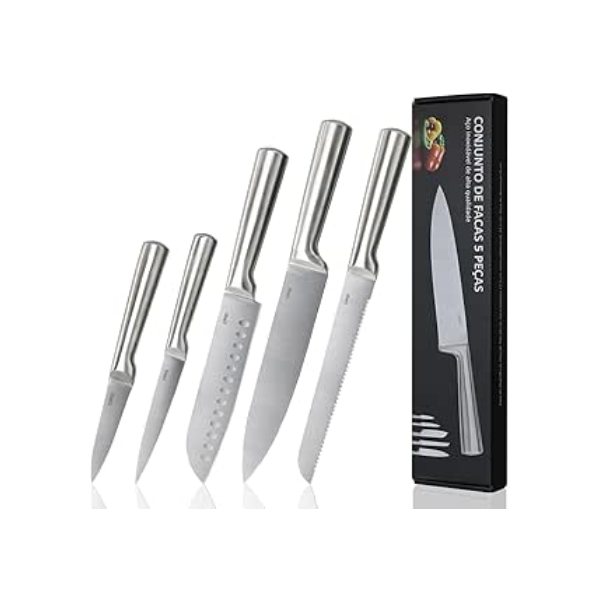 LUMAI Original Conjunto de 5 Facas Grandes de Cozinha Zurich Robusto em Aço Inoxidável 3CR13 com Lâminas Inteiriças – Forja Prolongada para Robustez, Anti ferrugem, Ultra Afiadas e Precisão Suíça