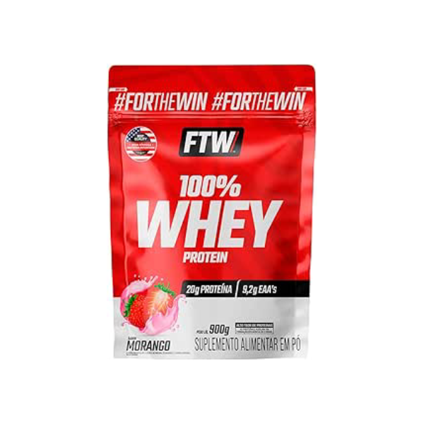 FTW Whey Protein 100% Concentrado - Suplemento Proteico para Atletas - Auxilia na Formação de Músculos para seus Treinos - Fonte de Proteína de Alto Valor Biológico - Sabor: Morango - Refil 900g