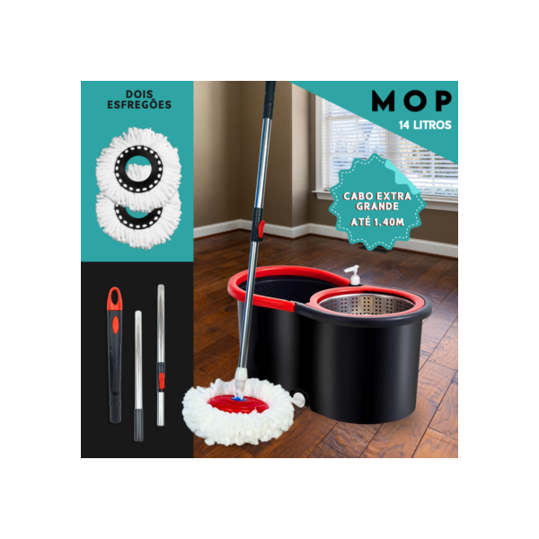Mop Girátorio Cleaner Profissional – Balde com Centrífuga 14L + Refil Duplo e Cabo Reforçado - MN