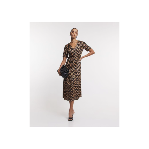 Vestido Midi Acetinado com Estampa Geométrica Marrom