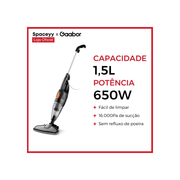 Aspirador de Pó Vertical Gaabor 2 em 1 Doméstico Leve Preto 16.000Pa Sucção Forte 127v/220V