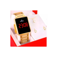 Kit Relógio Feminino Champion Digital Dourado Colar Brincos Cor do fundo led vermelho CH40086V