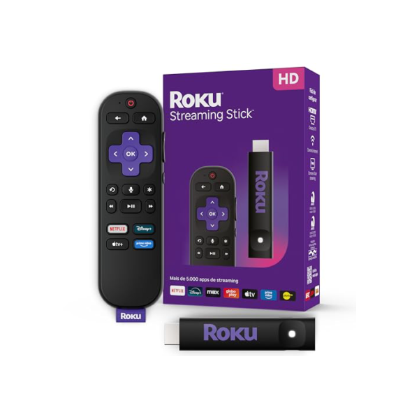 Roku Streaming Stick HD 2025 | Dispositivo de streaming para TV HD/FHD com controle remoto por comando de voz compatível com Alexa, Siri e Google