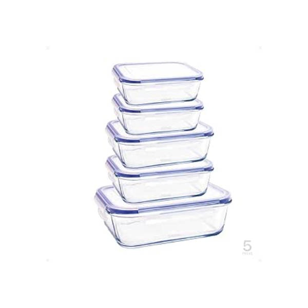 Kit Conjunto 5 Potes De Geladeira Hermético De Vidro Marmita Tampa Click (Azul)