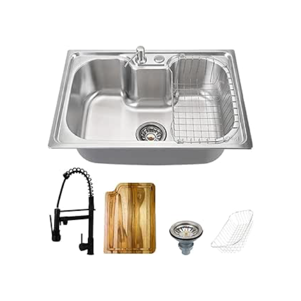 Pingoo.Casa, Kit Cuba para Cozinha com Acessórios e Tábua de Corte, Gourmet, Aço Inox, Carajás e Torneira Misturador Monocomando, Munim, Preto