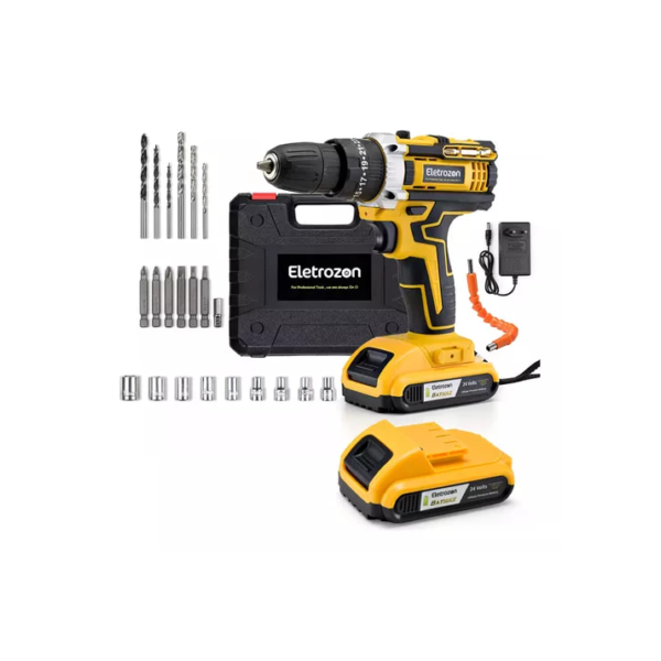 Kit Parafusadeira Furadeira De Impacto Profissional Com Luz 2 Baterias 24v Com Maleta + Acessórios