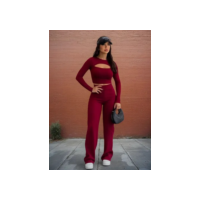 Conjunto Wed Blusa Cropped Decote Manga Longa Calça Ribana