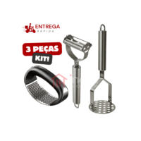 Kit 3 Peças Triturador de Alho Cortador de Legumes Descascador Amassador de Batata  Inox