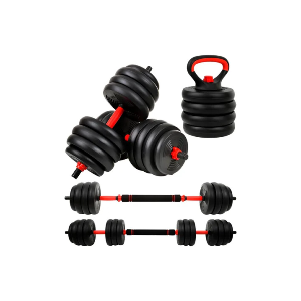 Kit Halteres 6 Em 1 Peso Musculação Até 40kg Ajustável Halter, Kettlebell, Anilha Cor Preto-Vermelho + Brinde Kit Hip Band Colorido