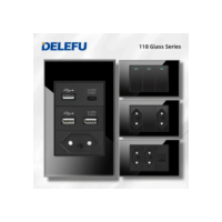 DELEFU 4*2 Preto Vidro Temperado Brasil Tomada Padrão Dual Usb Tipo C Tomada de Parede Interruptor Luz Suíça paralelos 10A 20A Carga rápida  20W satélite TV Cat5 Cat6 telefone