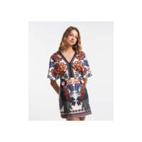 Vestido em Malha de Viscose com Decote Detalhado e Estampa Tropical Multicores