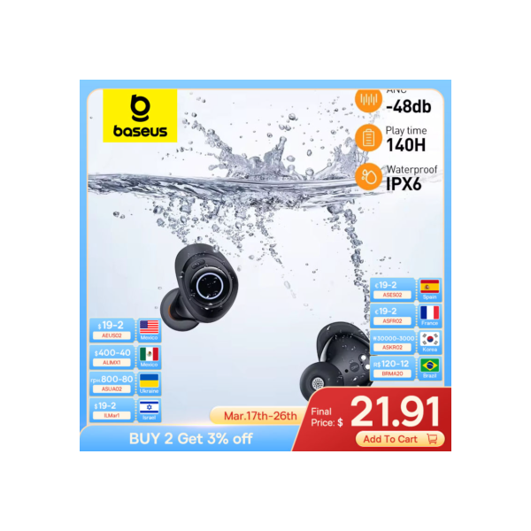 Baseus bowie ma10 fones de ouvido sem fio 48db com cancelamento de ruído bluetooth 5.3 140h playtime ipx6 à prova dwaterproof água esporte