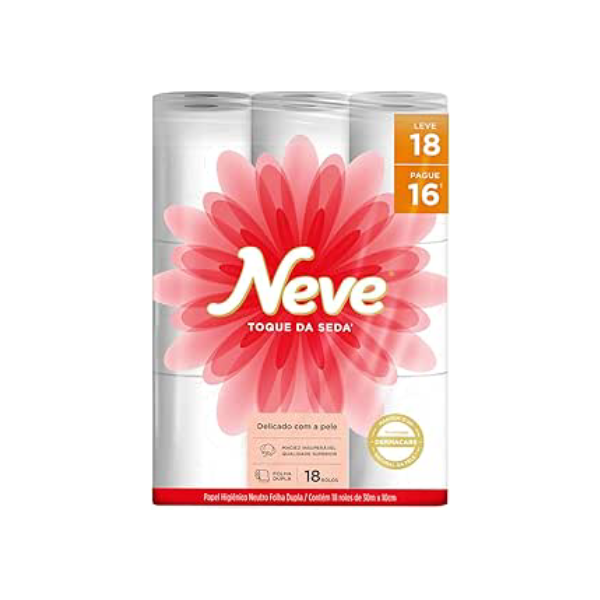 Neve Papel Higiênico Toque de Seda Folha Dupla, 30m, Leve 18 Pague 16 Rolos