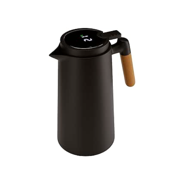 LYOR Garrafa Térmica de Plástico com Cabo de Madeira e Termômetro Preta 1L - Utensílios de Cozinha - Mesa Posta - Decoração - Itens Para Casa - Perfeita Para Café e Chá