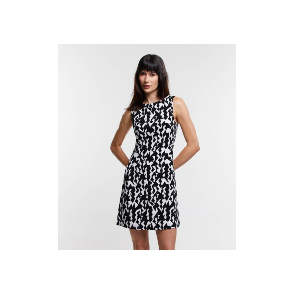 Vestido Curto Sem Manga em Crepe com Estampa Geométrica Preto/Branco