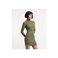 Vestido Reto em Ribana com Barra Arredondada e Golinha Alta Verde Militar