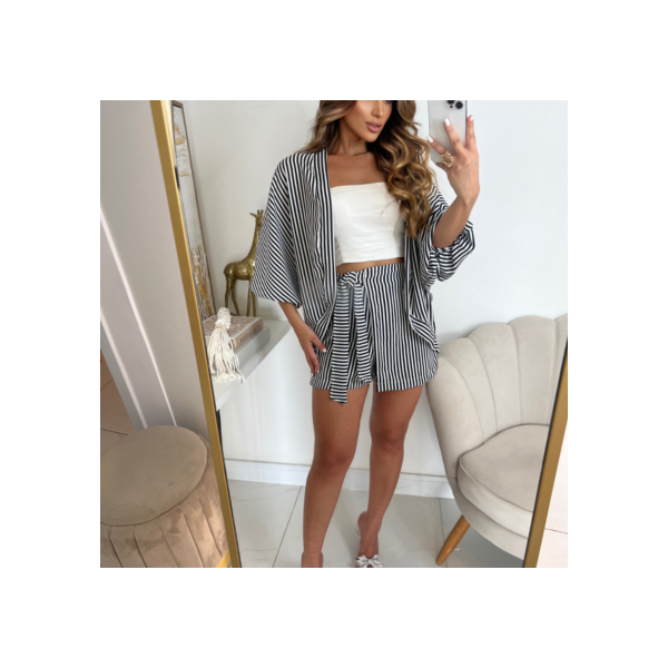 Conjunto kimono Shorts saia +Kimono femenino Blogueira Max Camisa listrado