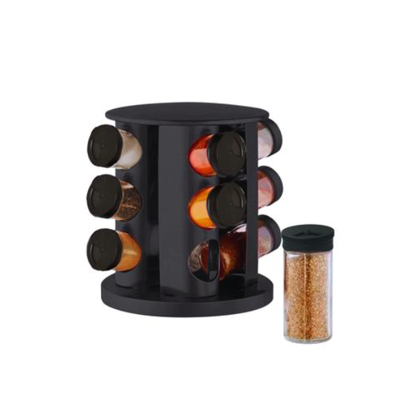Porta Condimentos Temperos Giratório 9 Potes Vidro Tampa Dosadora Preto - Bela Kaza