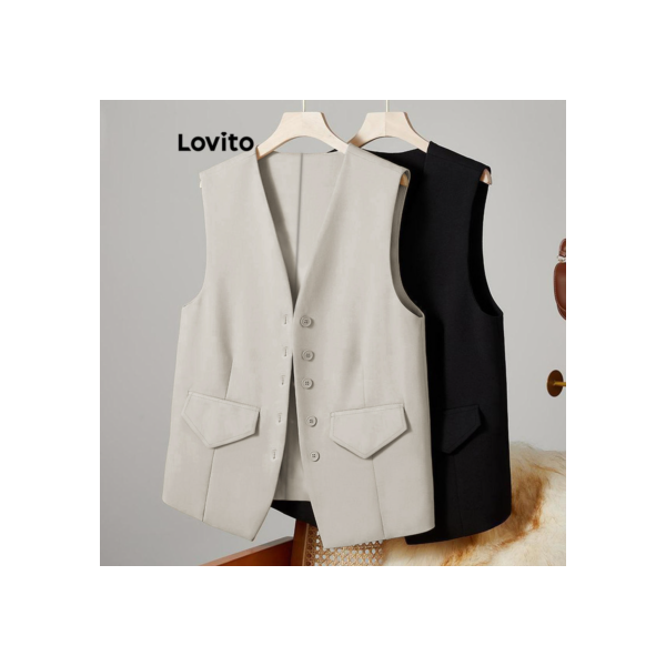 Lovito Regata feminina casual com botão liso na frente e ombro frio LNE52456