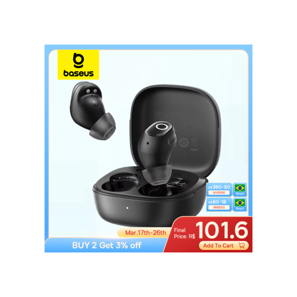 Baseus Bass BD1 Fones de ouvido sem fio Bluetooth 5.4 Mini e desgaste confortável, Super Bass IP55 à prova d'água 0,06s Baixa latência